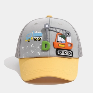 Close-up of kids baseball cap with cartoon crane embroidery and breathable mesh