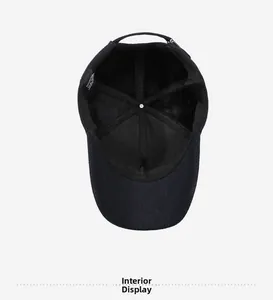 Detail of blue cotton baseball cap interior showing seams, metal buckle, and vent holes
