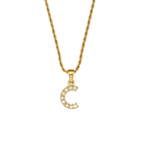 Close-up of gold-plated letter C pendant necklace with cubic zirconia and rope chain