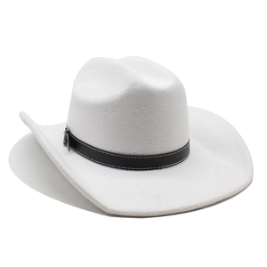 Classic white cowboy hat featuring a black leather band with a silver metal buckle