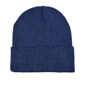 Classic dark blue knitted beanie with thick textured yarn and a folded cuff design