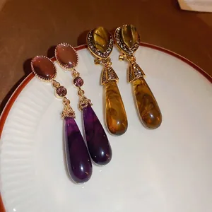 Vintage Teardrop Long Dangle Earrings For Women Alloy Resin Rhinestone Inlaid With 925 Sterling Silver Earring Post