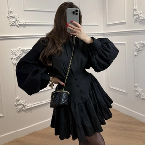 Elegant black long-sleeve lapel button shirt dress with ruffled pleated skirt