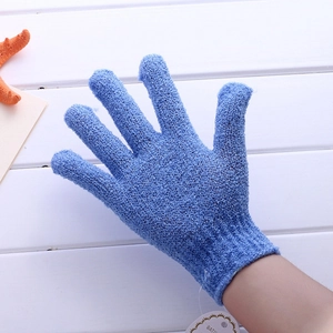 Blue exfoliating nylon bath glove for body scrubbing shown on hand with wooden background