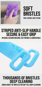 Detail of silicone back scrubber with anti-slip strip handles and soft dense bristles