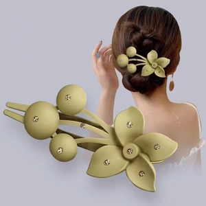 Olive green matte flower hair clip with sparkling rhinestones for elegant styling