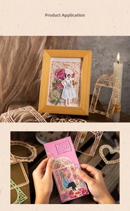 Macro view of vintage style lace frames and figure stickers for scrapbooking and journaling