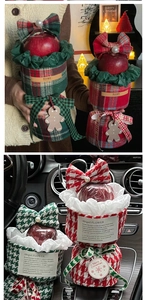 Close-up of Christmas apple gift packaging with plaid fabric and gingerbread man tag