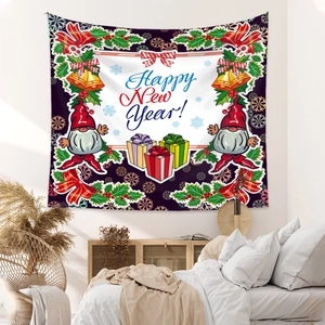 Detail of Happy New Year tapestry featuring festive gnomes and bells on a bedroom wall