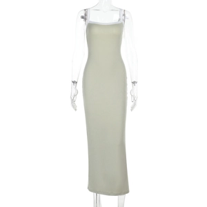 Detail of light green bodycon maxi dress with white contrast straps on transparent mannequin