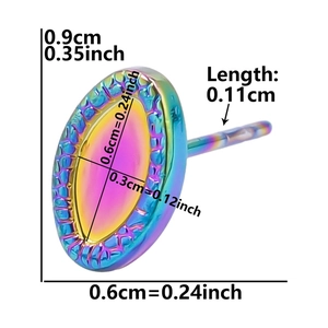 Macro view of rainbow stainless steel heart stud earring with precise size measurements
