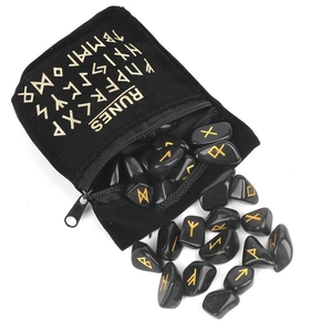 25 pieces of natural obsidian rune stones with golden engravings and black velvet pouch