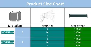 Size chart for Apple Watch beaded strap showing S M L lengths and case compatibility