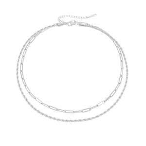 Silver layered necklace with paperclip and twisted rope chains in stainless steel