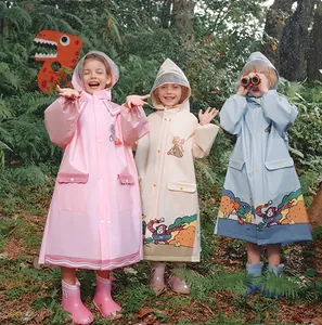 Waterproof EVA children raincoats with cartoon prints and clear brim hoods in three colors