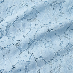 Close-up of light blue lace fabric with intricate floral patterns and mesh texture