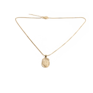 Detailed view of the Virgin Mary pendant necklace with gold plating and lobster clasp