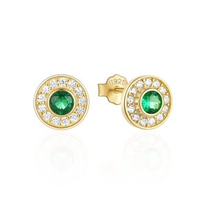 Macro detail of S925 silver stud earrings featuring green stone and clear crystal border