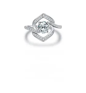 Macro view of S925 sterling silver ring with brilliant round center diamond and pavé accents