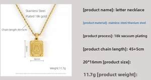 Spécifications du collier lettre A carré plaqué or 18K avec chaîne cordelette et dimensions