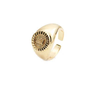 Detailed view of adjustable gold plated ring featuring embossed letter L signet design