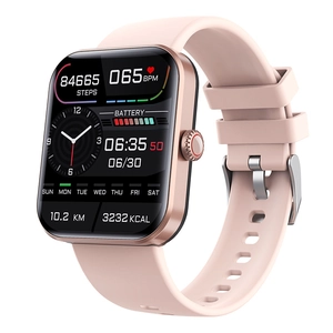 Pink smartwatch with square screen tracking steps, heart rate, and sleep on white background