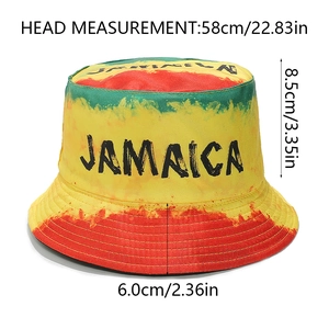 Detail view of Jamaica tie-dye bucket hat with dimensions and printed logo