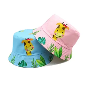 Kids Bucket Hat Polyester Giraffe Animal Print Tropical Leaf Brim Sun Protection Outdoor Fishing Cap Boys Girls