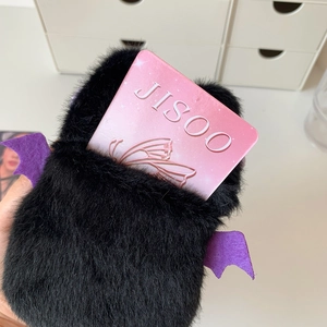 Cute black plush card holder with purple wings and keychain for photo display