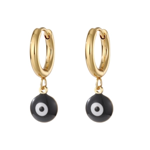 Golden stainless steel hoop earrings with black evil eye enamel pendants set