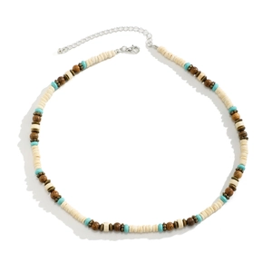 Bohemian beaded necklace for men featuring turquoise, wood beads, and metal lobster clasp