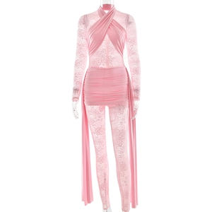 Pink lace patchwork bodysuit set with halter top and pleated mini skirt for women