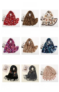 Collage of diverse winter scarves featuring leopard, floral prints and tassel details