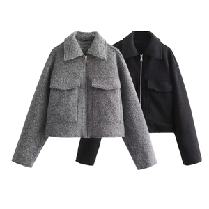 Short wool-blend jacket with lapel collar and large pockets in grey and black