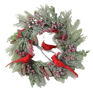 Weihnachtskranz mit roten Kardinalvögeln, Tannennadeln, Beeren und Naturzapfen