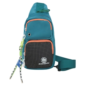 Waterproof nylon crossbody chest bag in blue and black with orange zipper accents