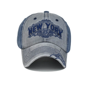 Vintage washed blue cotton baseball cap with New York embroidery in American street style