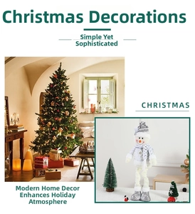 Detail of Christmas snowman figurine with silver sequins and telescopic legs in festive scene