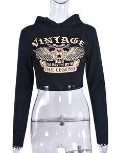 Women's black cropped hoodie with long sleeves and vintage motorcycle graphic print
