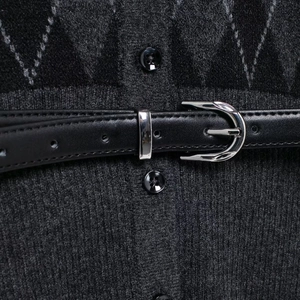 Women's black argyle knit cardigan featuring a slim leather belt and silver buckle detail