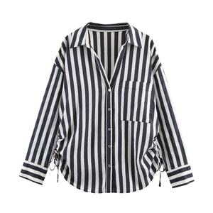Damen Langarm Gestreiftes Hemd Lässige Bluse Seitlicher Kordelzug Umlegekragen Tasche Polyester Oberteil