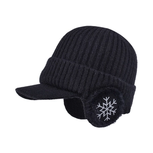 Winter black knit earflap baseball cap with warm fleece lining and snowflake pattern