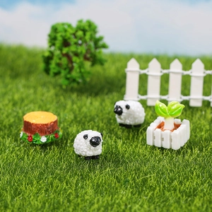 Miniature resin farm set with white sheep, rustic tree stump, and picket fence figurines