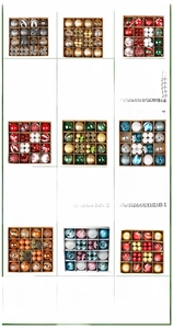 Detail grid of multi-size Christmas ball ornaments in shiny, matte, and glitter finishes