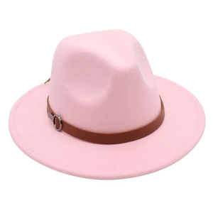 Detail of light pink fedora hat with a dark brown leather band and silver metal buckle