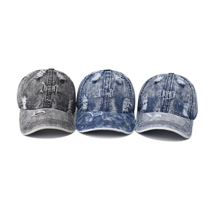 Distressed denim baseball caps with ripped holes in dark grey, deep blue, and light blue