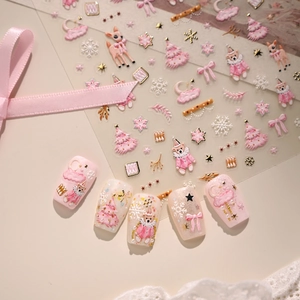 Pink Christmas nail art stickers featuring 5D embossed bears, deer and snowflakes