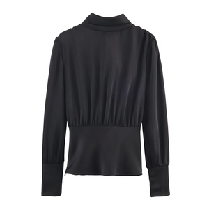 Elegant black satin long sleeve backless blouse with delicate pleated detailing