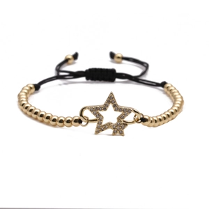 Adjustable gold bead star bracelet with micro-pave cubic zirconia on black cord
