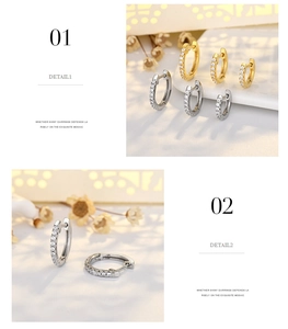 Detail of studded hoop earrings with pavé crystals in gold and silver finishes